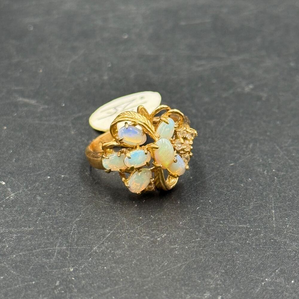 Vintage Hawaiian Cocktail Ring Cluster White Opal Gold Tone